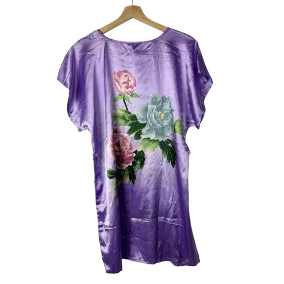 Boutique Purple Floral Satin Chinese Short Sleeve Mini Dress S - Picture 2 of 4